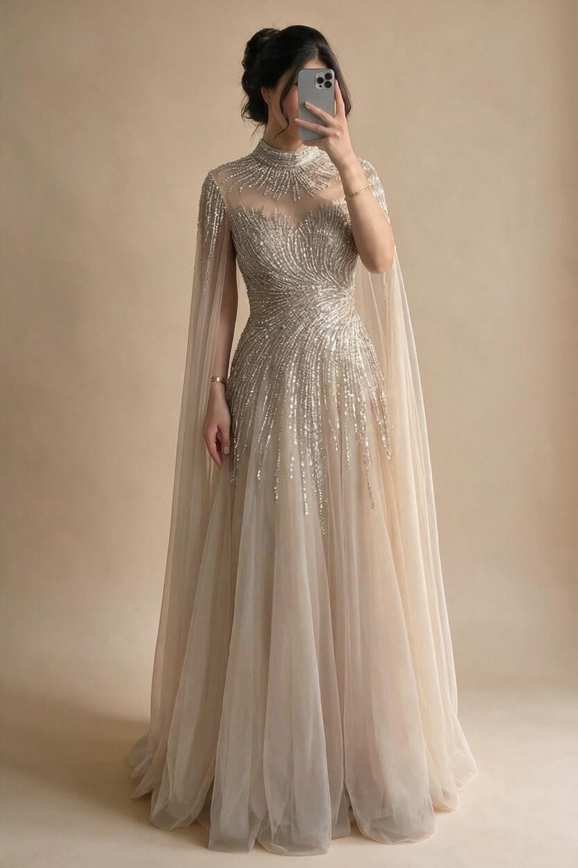 Burgundy High Neck Cape Sleeve A-line Evening Dress Elegant Party Gown for Women 2026 Customized DLA72386A | Nightbubo