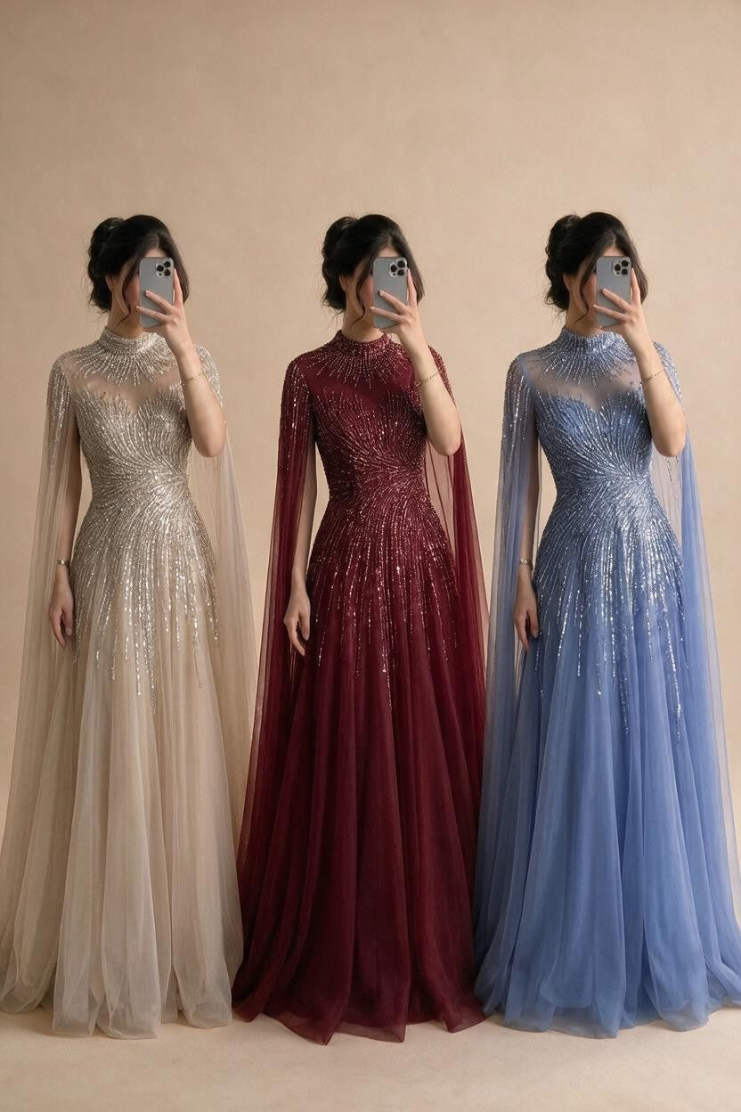 Burgundy High Neck Cape Sleeve A-line Evening Dress Elegant Party Gown for Women 2026 Customized DLA72386A | Nightbubo