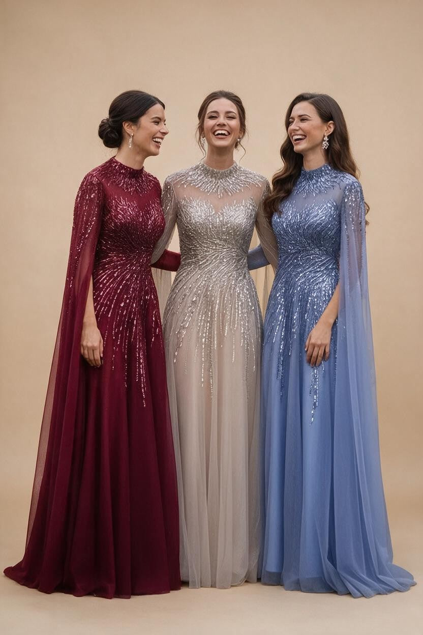 Burgundy High Neck Cape Sleeve A-line Evening Dress Elegant Party Gown for Women 2026 Customized DLA72386A | Nightbubo