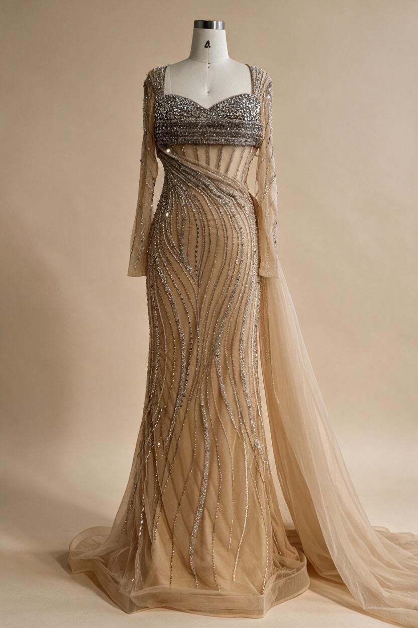 Nude Long Sleeves Beaded Evening Dresses with Skirt Party Gowns for Formal Occasion DLA72812 Customized | Nightbubo