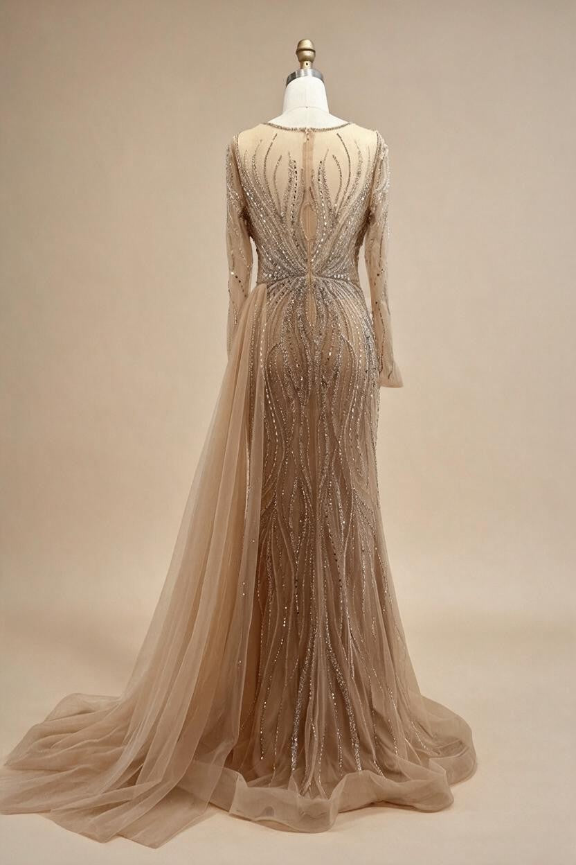 Nude Long Sleeves Beaded Evening Dresses with Skirt Party Gowns for Formal Occasion DLA72812 Customized | Nightbubo