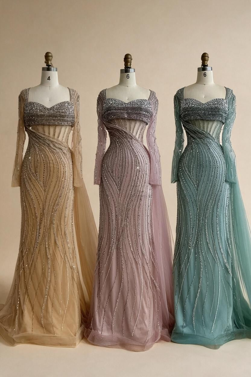 Nude Long Sleeves Beaded Evening Dresses with Skirt Party Gowns for Formal Occasion DLA72812 Customized | Nightbubo