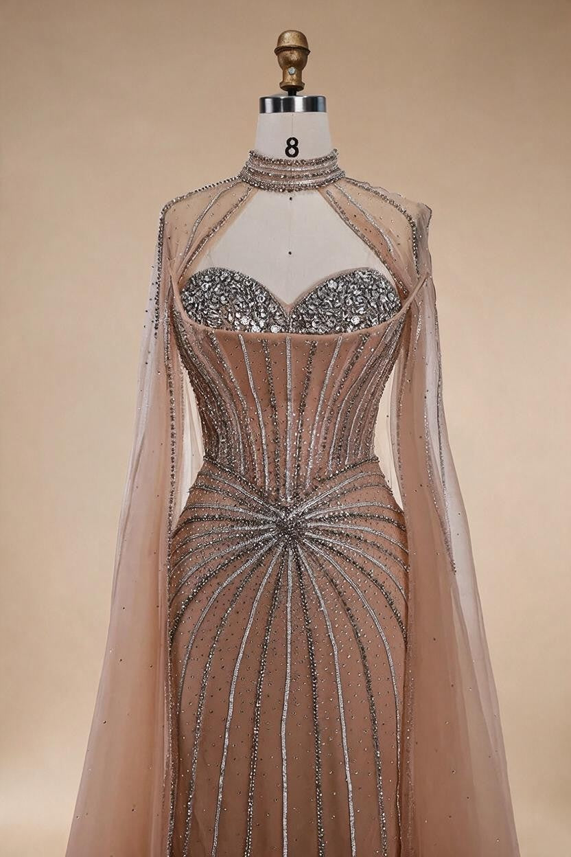 Luxury Nude Elegant Evening Gown Beaded Dress with Cape Sleeves for Formal Party Wear DLA72811A Customized | Nightbubo