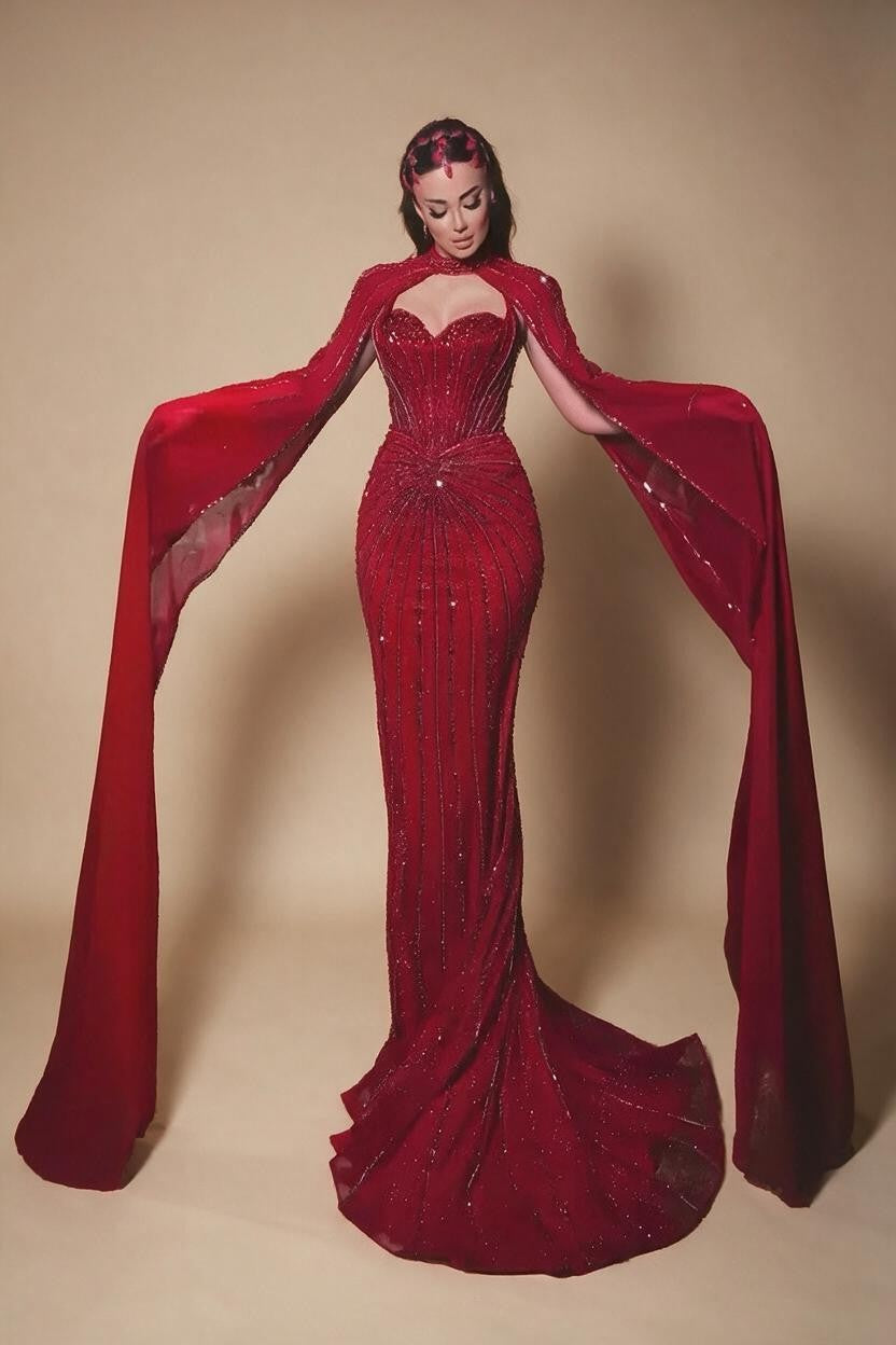 Luxury Nude Elegant Evening Gown Beaded Dress with Cape Sleeves for Formal Party Wear DLA72811A Customized | Nightbubo