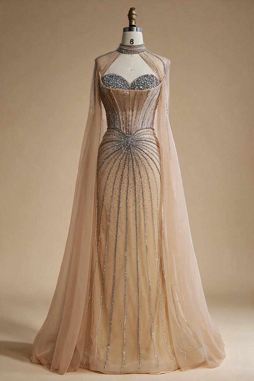 Luxury Nude Elegant Evening Gown Beaded Dress with Cape Sleeves for Formal Party Wear DLA72811A Customized | Nightbubo