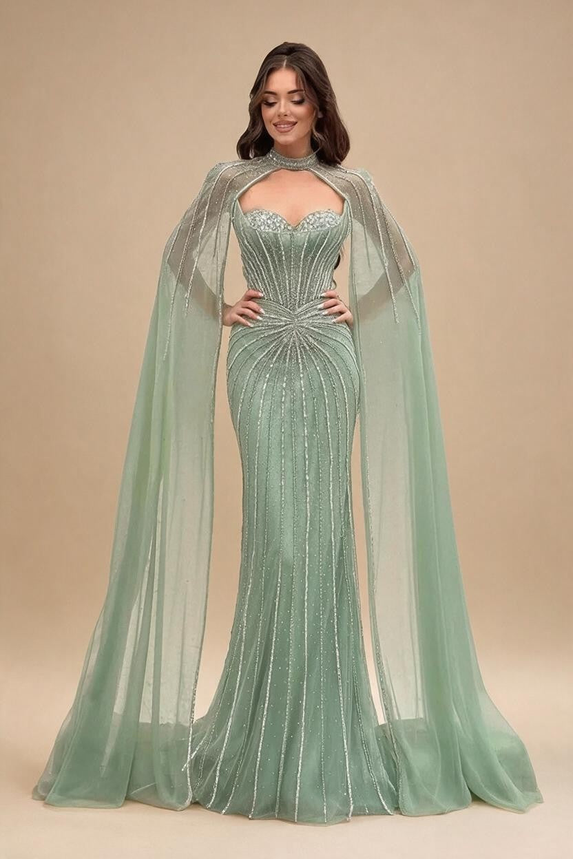 Luxury Nude Elegant Evening Gown Beaded Dress with Cape Sleeves for Formal Party Wear DLA72811A Customized | Nightbubo