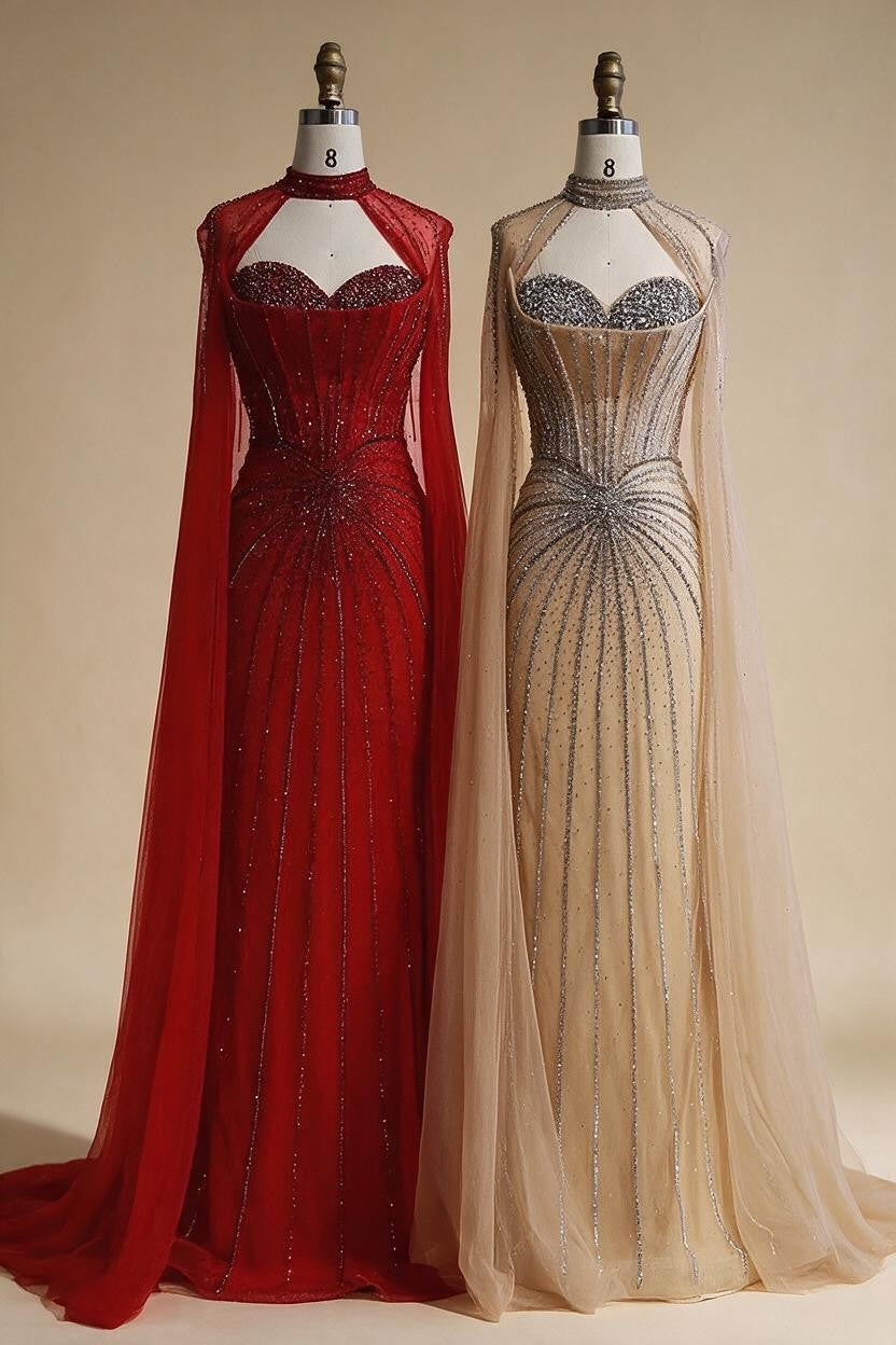 Luxury Nude Elegant Evening Gown Beaded Dress with Cape Sleeves for Formal Party Wear DLA72811A Customized | Nightbubo