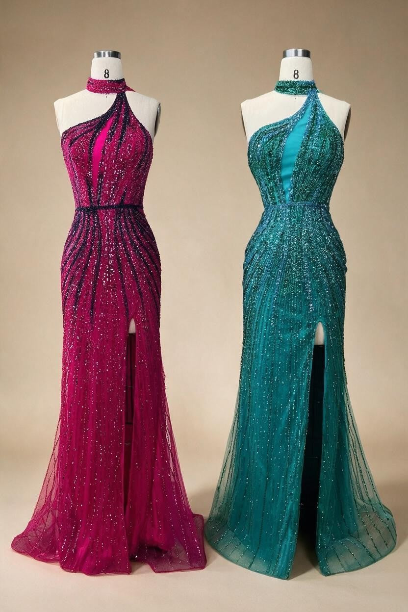 Green Halter Sleeveless Beaded Mermaid High Split Evening Dresses Party Gowns for Women DLA72092 Customized | Nightbubo