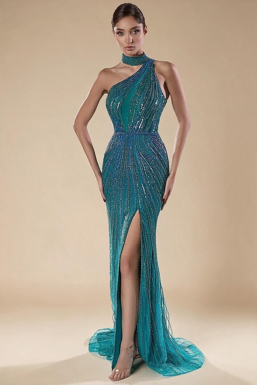 Green Halter Sleeveless Beaded Mermaid High Split Evening Dresses Party Gowns for Women DLA72092 Customized | Nightbubo