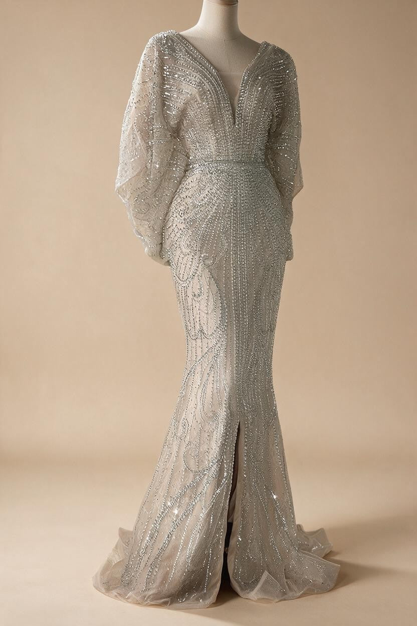 Nude V-neck Mermaid Beaded Evening Dresses Wedding Party Gowns For Women DLA72288A Customized | Nightbubo