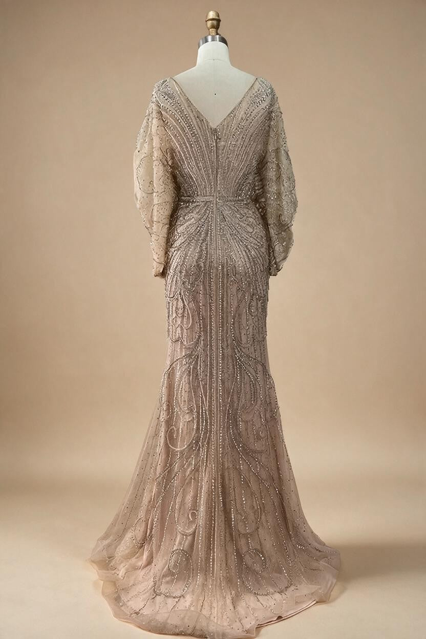 Nude V-neck Mermaid Beaded Evening Dresses Wedding Party Gowns For Women DLA72288A Customized | Nightbubo