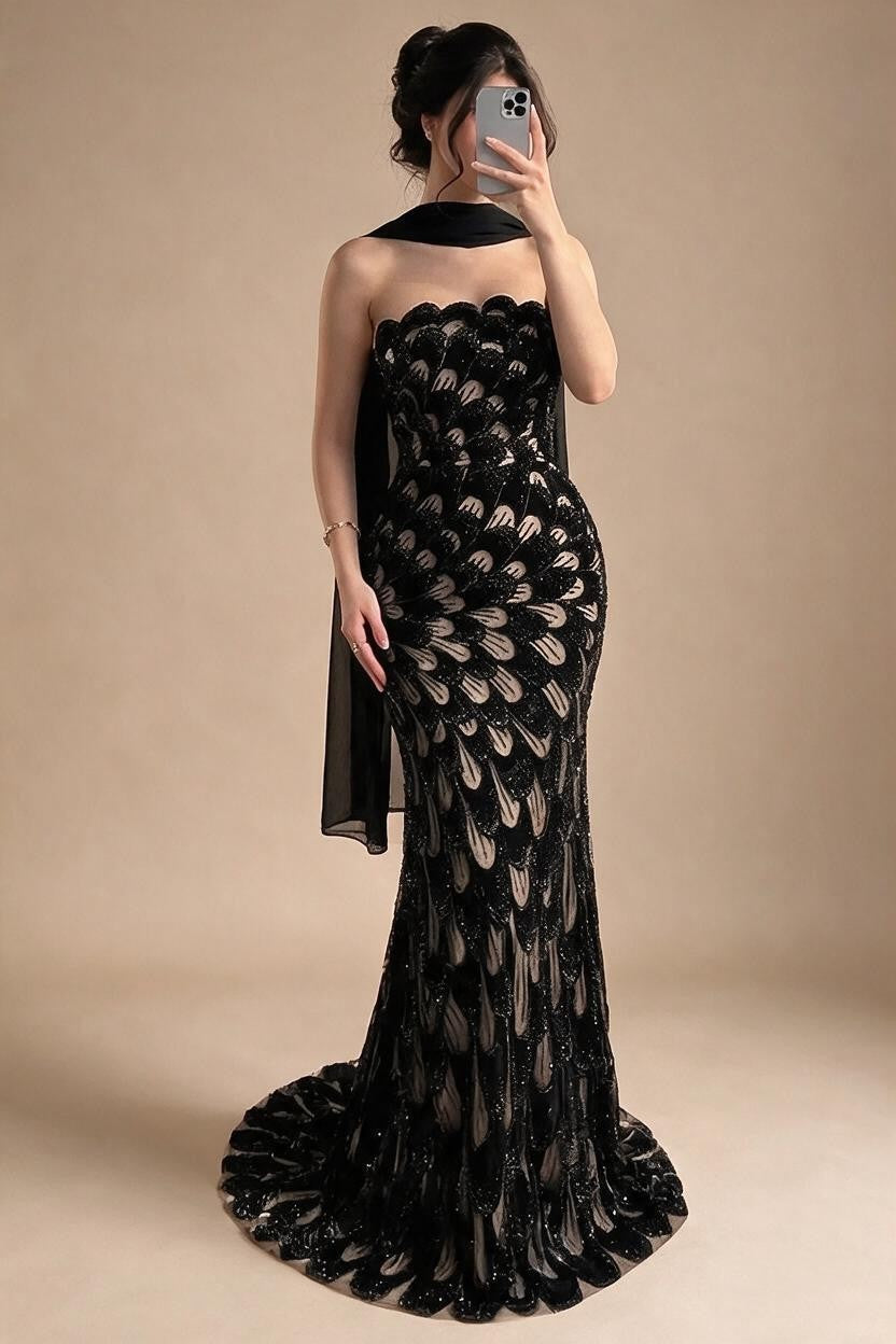 2026 Black Strapless Mermaid Evening Dress with Scarf Elegant Formal Party Gowns for Women DLA73607 Customizedf | Nightbubo
