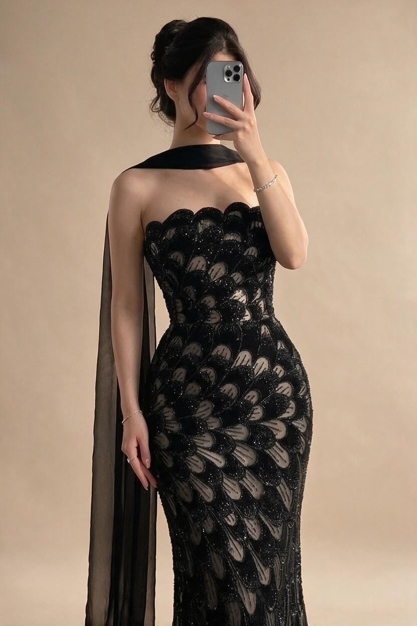 2026 Black Strapless Mermaid Evening Dress with Scarf Elegant Formal Party Gowns for Women DLA73607 Customizedf | Nightbubo