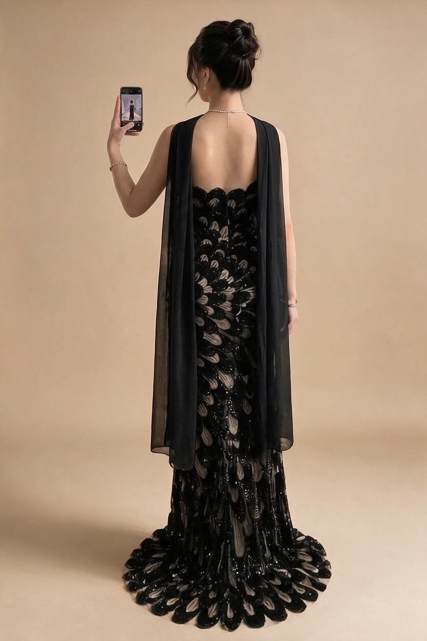 2026 Black Strapless Mermaid Evening Dress with Scarf Elegant Formal Party Gowns for Women DLA73607 Customizedf | Nightbubo