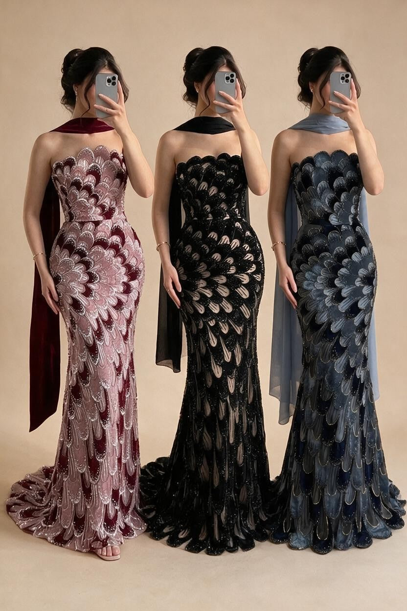 2026 Black Strapless Mermaid Evening Dress with Scarf Elegant Formal Party Gowns for Women DLA73607 Customizedf | Nightbubo