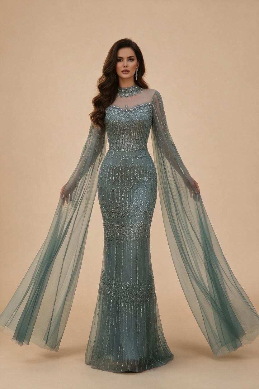 Customized Turquoise Beaded Mermaid Evening Dress with Cape Sleeves 2026 Formal Party Gowns for Women DLA72714AA | Nightbubo