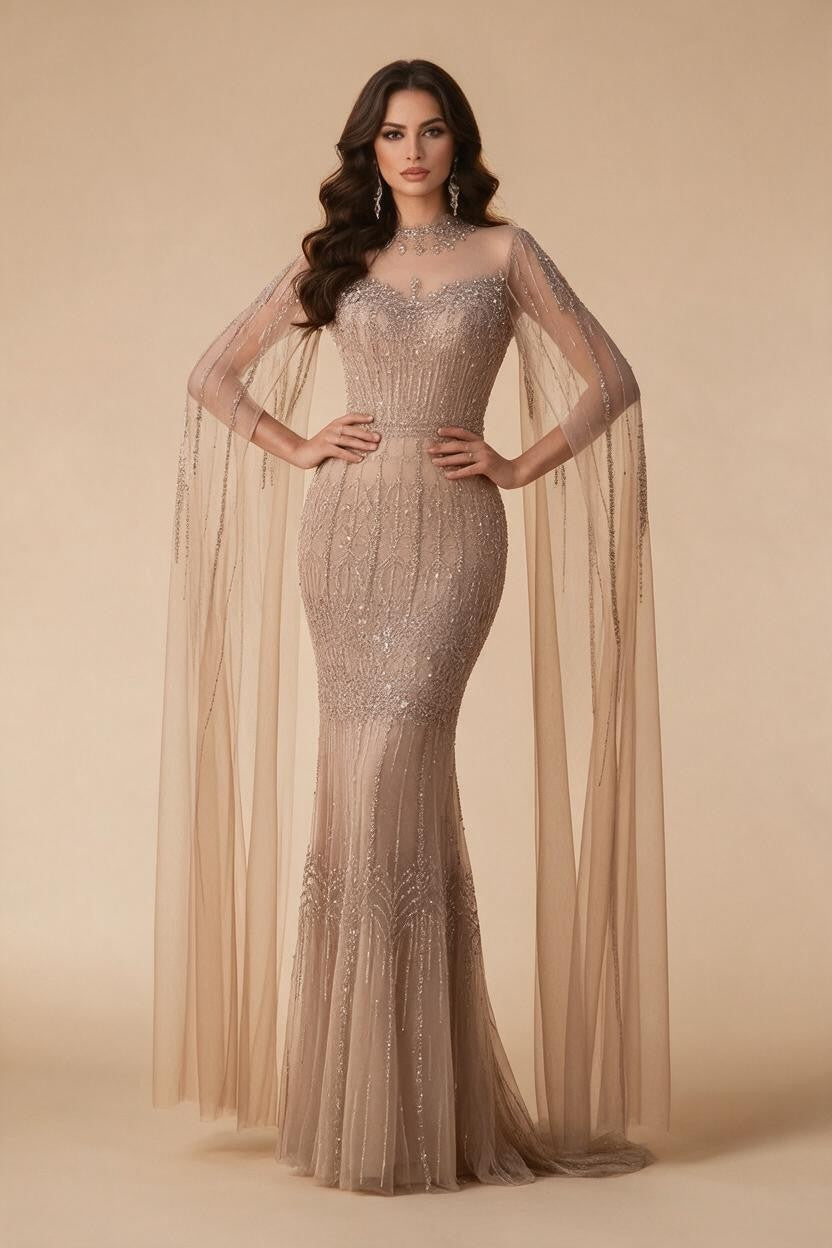 Customized Turquoise Beaded Mermaid Evening Dress with Cape Sleeves 2026 Formal Party Gowns for Women DLA72714AA | Nightbubo