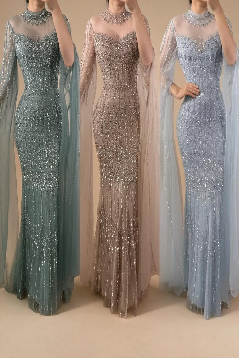 Customized Turquoise Beaded Mermaid Evening Dress with Cape Sleeves 2026 Formal Party Gowns for Women DLA72714AA | Nightbubo