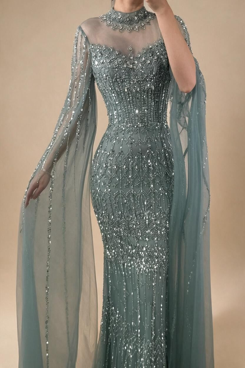 Customized Turquoise Beaded Mermaid Evening Dress with Cape Sleeves 2026 Formal Party Gowns for Women DLA72714AA | Nightbubo