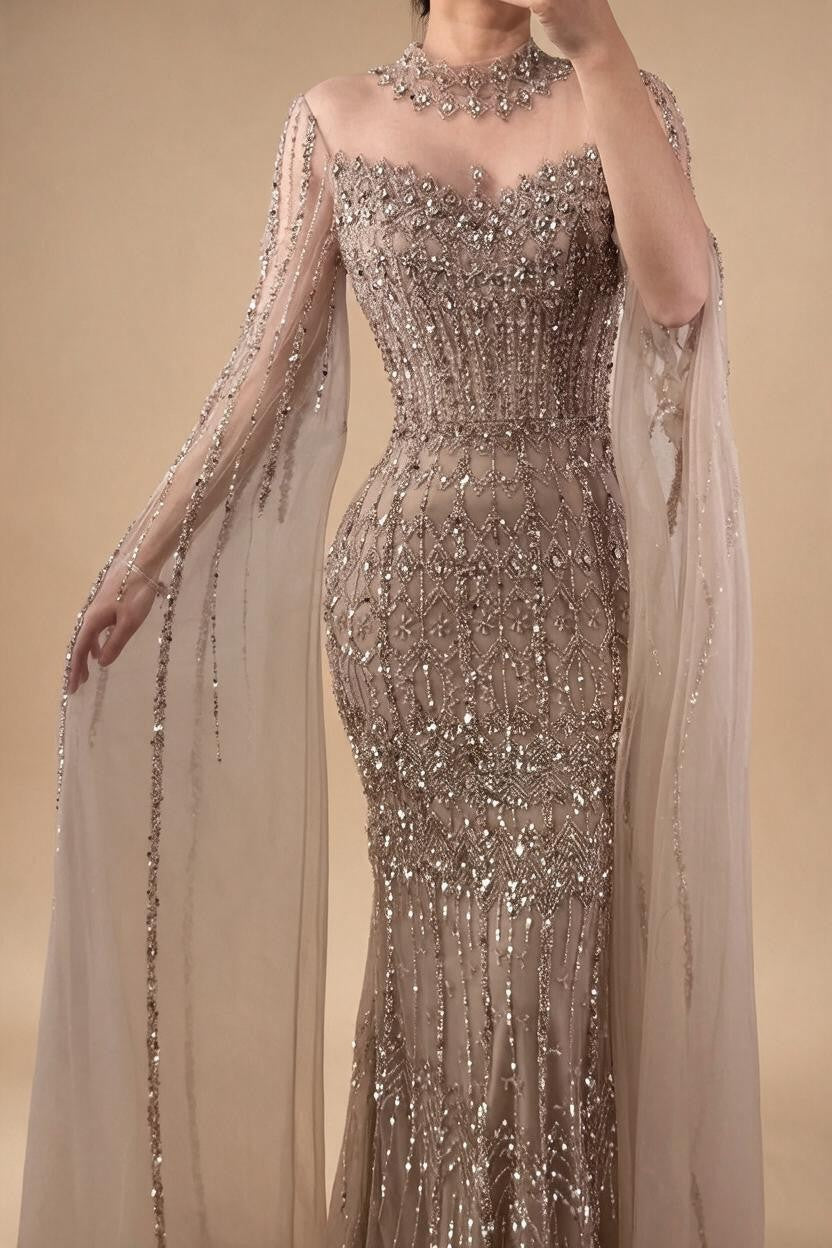 Customized Turquoise Beaded Mermaid Evening Dress with Cape Sleeves 2026 Formal Party Gowns for Women DLA72714AA | Nightbubo