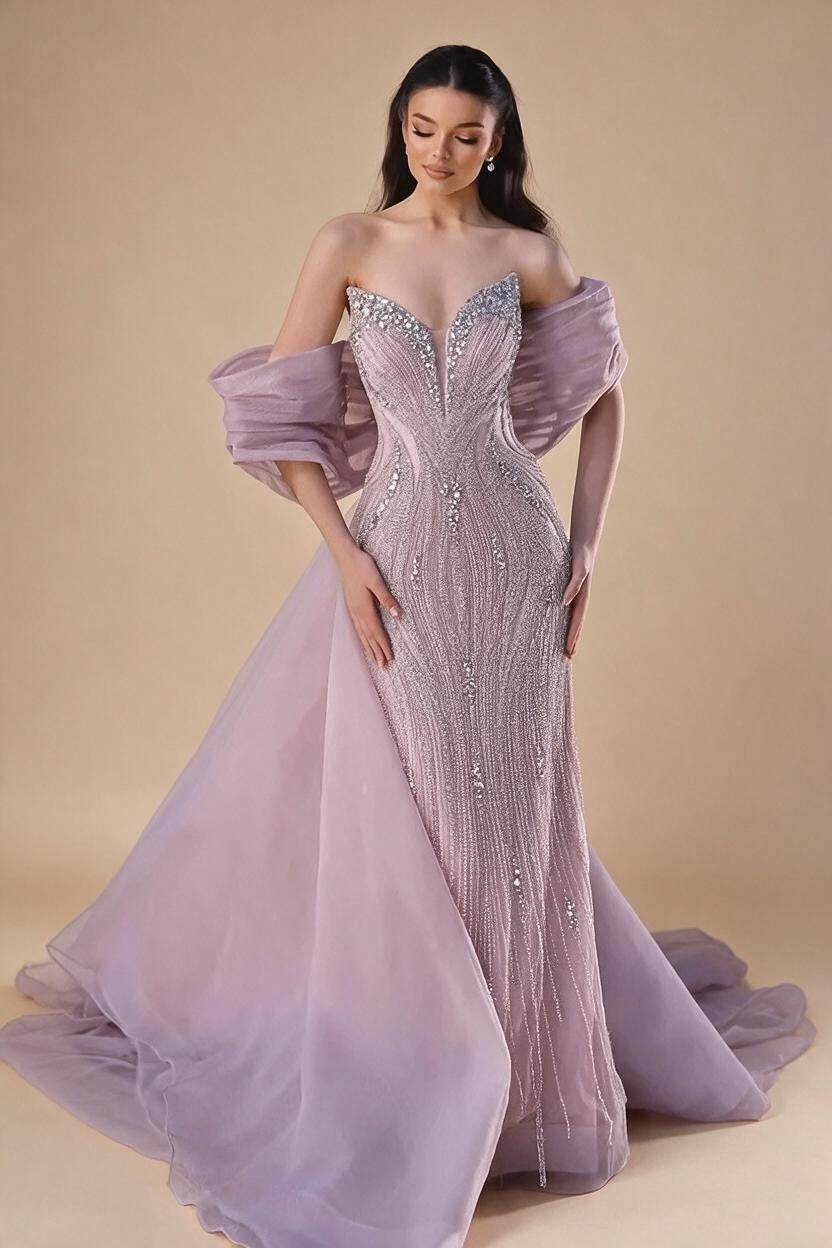 Pink Mermaid Beaded Evening Dresses with Cape Wedding Party Gowns for Women DLA73061 Customized | Nightbubo