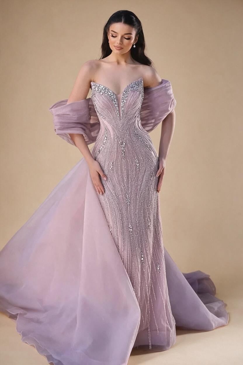 Pink Mermaid Beaded Evening Dresses with Cape Wedding Party Gowns for Women DLA73061 Customized | Nightbubo