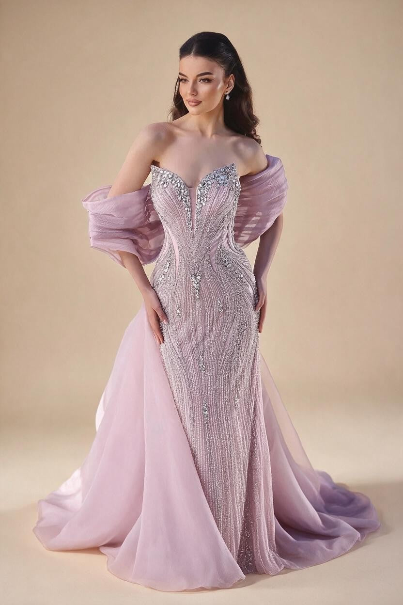 Pink Mermaid Beaded Evening Dresses with Cape Wedding Party Gowns for Women DLA73061 Customized | Nightbubo