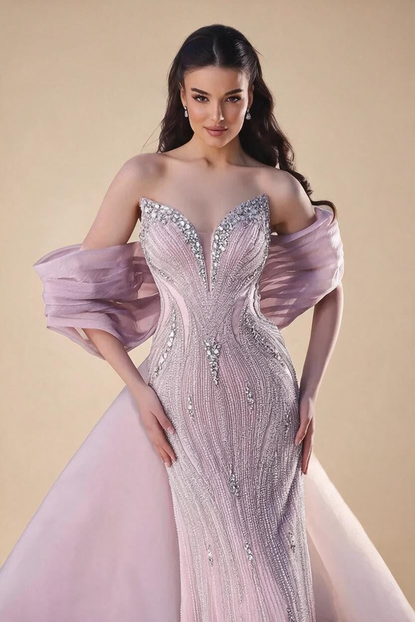 Pink Mermaid Beaded Evening Dresses with Cape Wedding Party Gowns for Women DLA73061 Customized | Nightbubo