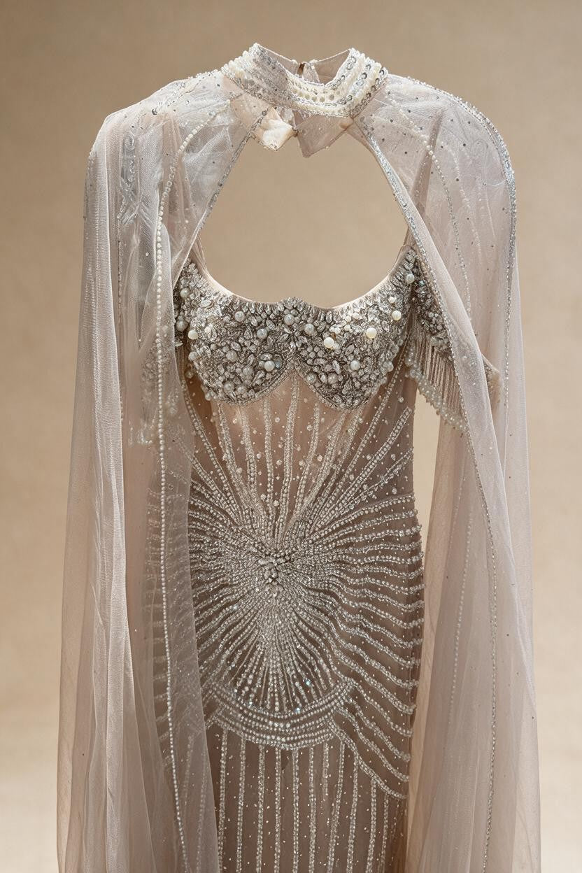 Caramel Pearl Beaded Illusion Mermaid Evening Gown 2026 Party Dresses with Sheer Cape DLA73148C Customized | Nightbubo