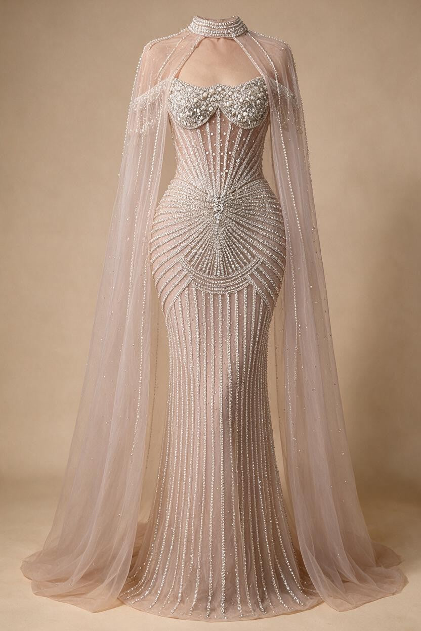 Caramel Pearl Beaded Illusion Mermaid Evening Gown 2026 Party Dresses with Sheer Cape DLA73148C Customized | Nightbubo