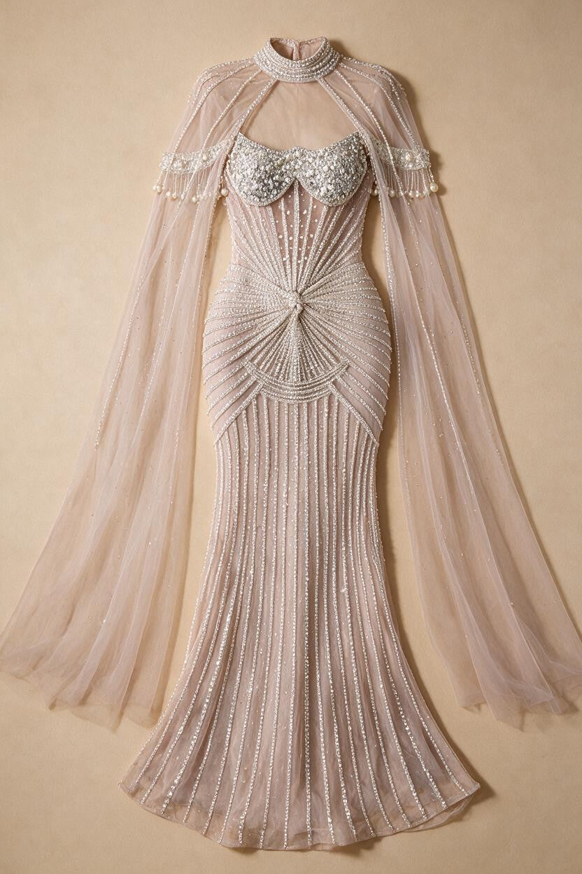 Caramel Pearl Beaded Illusion Mermaid Evening Gown 2026 Party Dresses with Sheer Cape DLA73148C Customized | Nightbubo