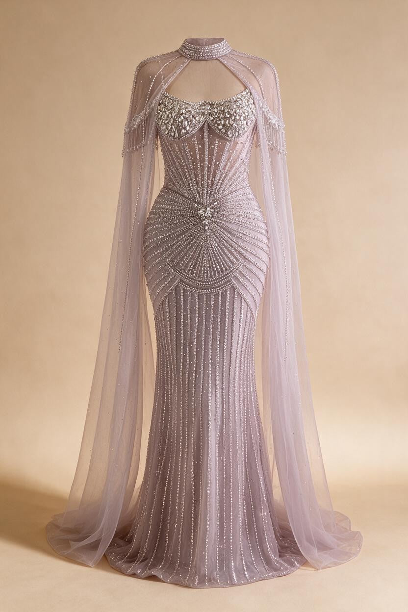 Caramel Pearl Beaded Illusion Mermaid Evening Gown 2026 Party Dresses with Sheer Cape DLA73148C Customized | Nightbubo
