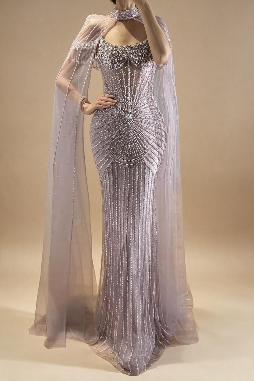 Caramel Pearl Beaded Illusion Mermaid Evening Gown 2026 Party Dresses with Sheer Cape DLA73148C Customized | Nightbubo