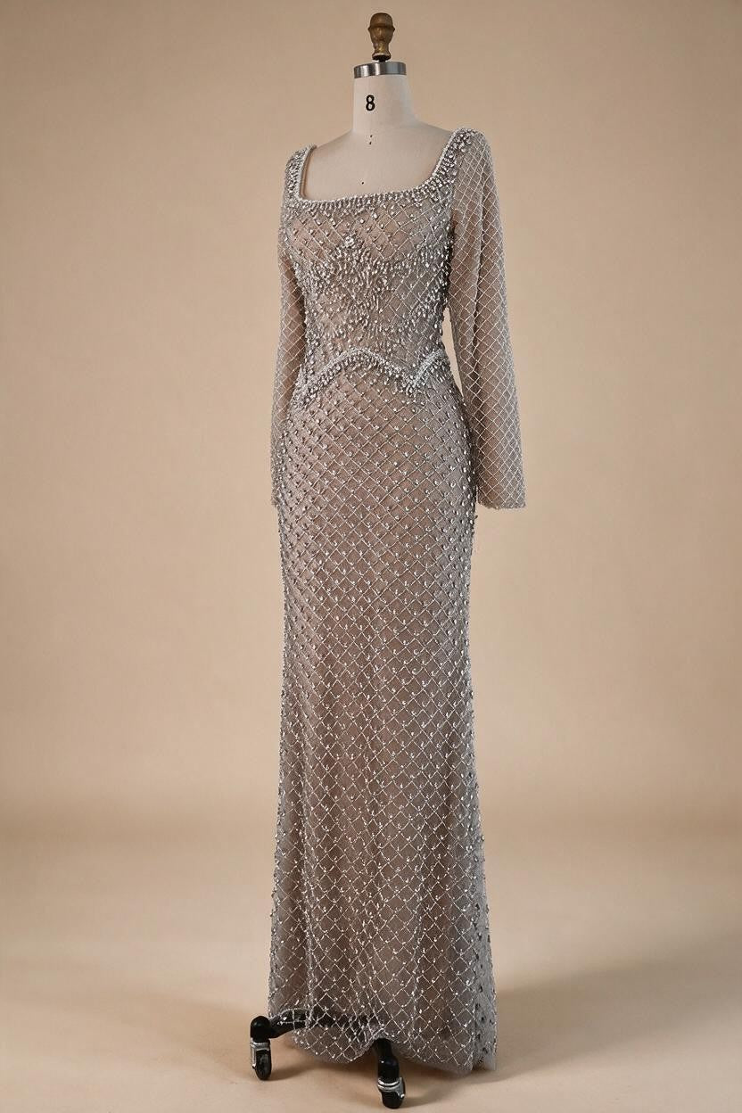 Elegant Beaded Pearl Mermaid Evening Dress with Long Sleeves for Wedding Occasion Customized DLA72919A | Nightbubo