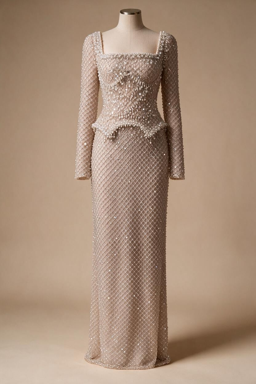 Elegant Beaded Pearl Mermaid Evening Dress with Long Sleeves for Wedding Occasion Customized DLA72919A | Nightbubo
