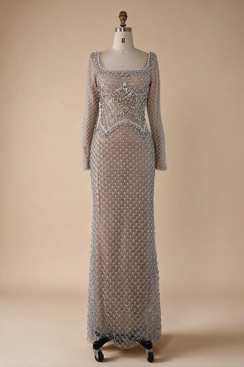 Elegant Beaded Pearl Mermaid Evening Dress with Long Sleeves for Wedding Occasion Customized DLA72919A | Nightbubo