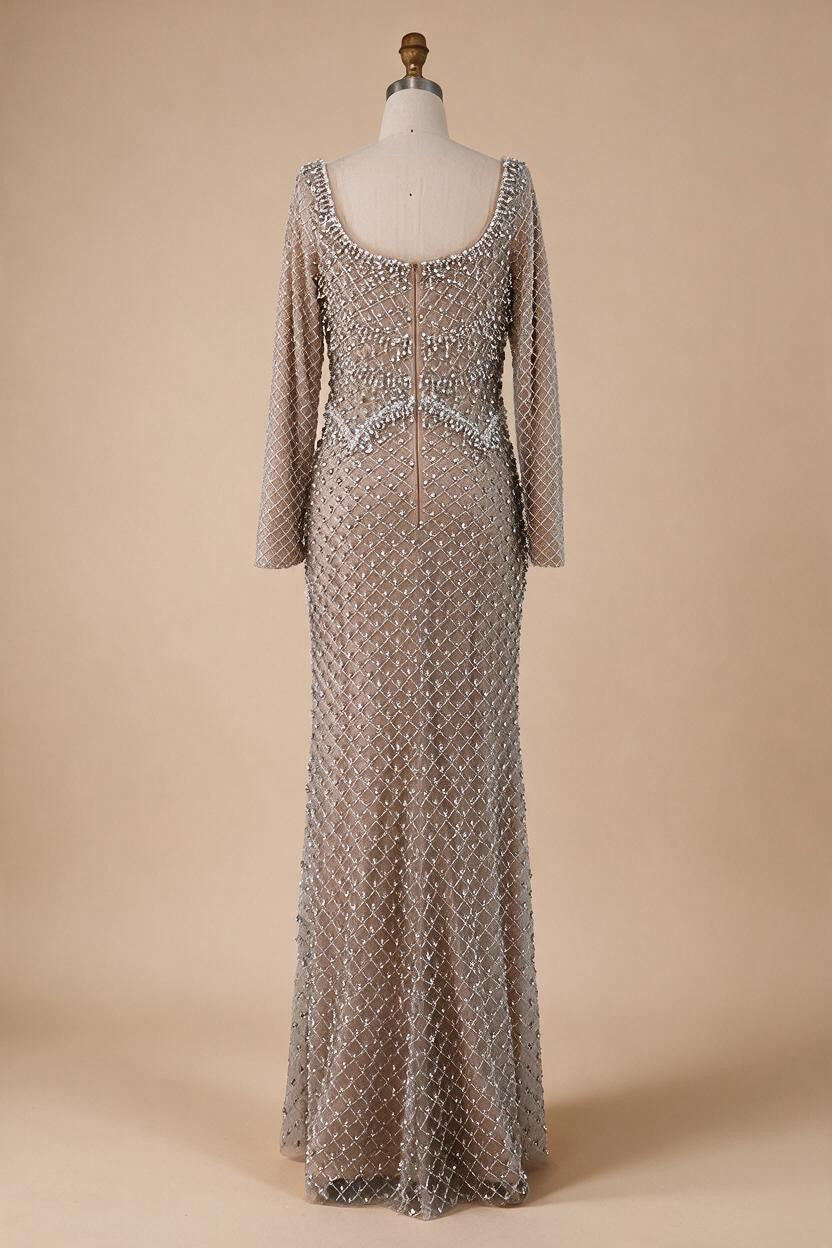 Elegant Beaded Pearl Mermaid Evening Dress with Long Sleeves for Wedding Occasion Customized DLA72919A | Nightbubo