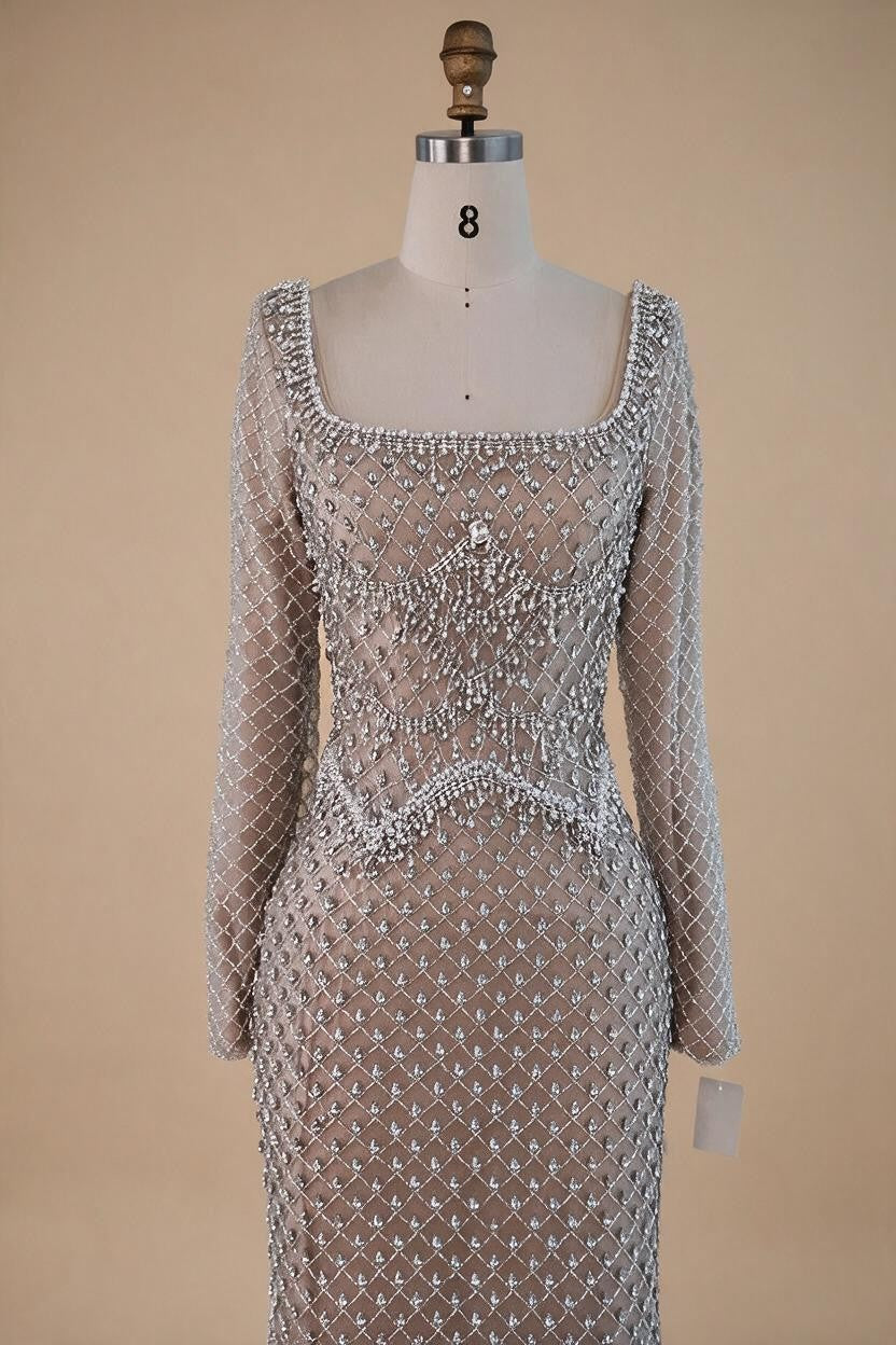 Elegant Beaded Pearl Mermaid Evening Dress with Long Sleeves for Wedding Occasion Customized DLA72919A | Nightbubo