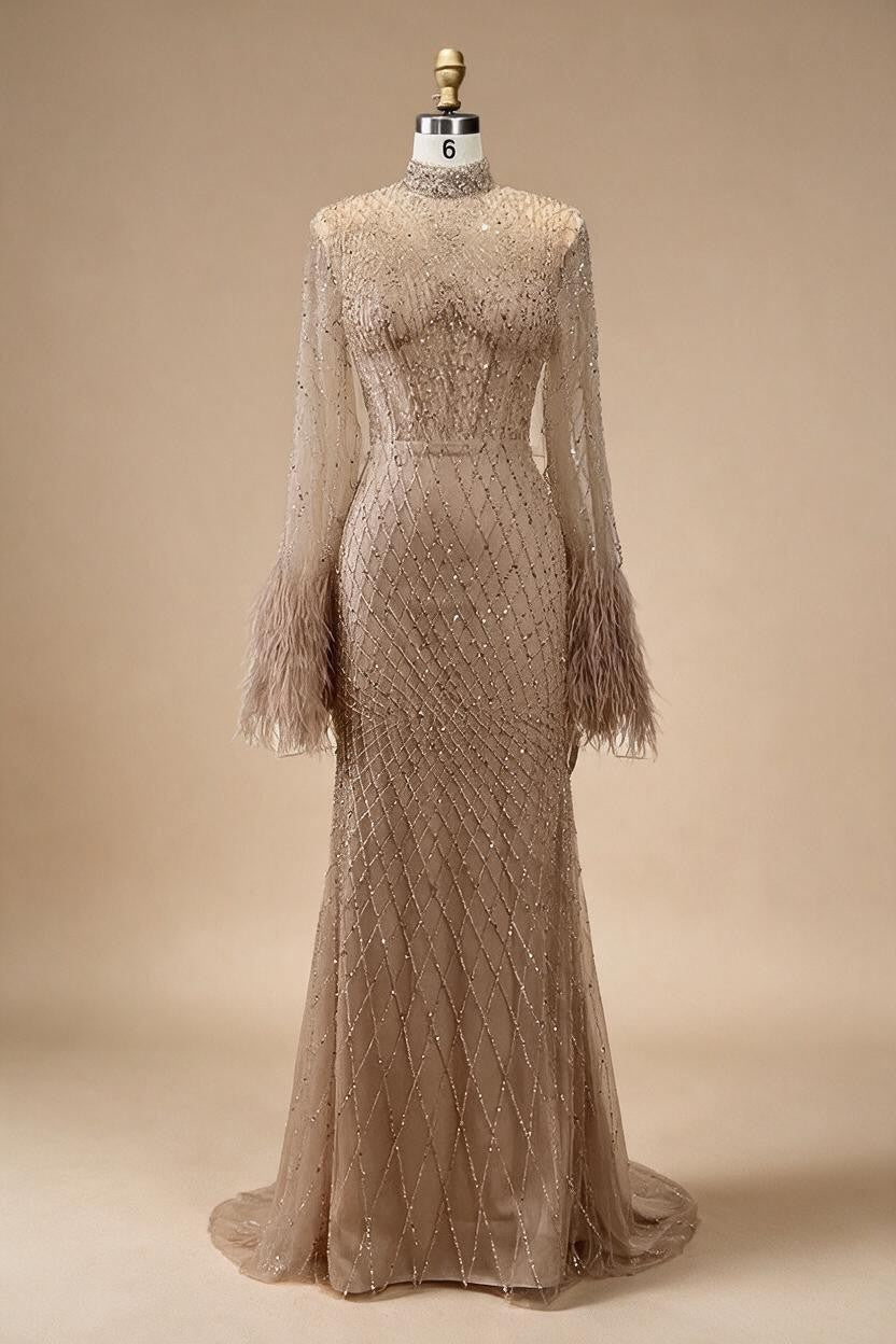 Nude High Neck Long Sleeves Feathers Mermaid Beaded Evening Dress Party Gowns for Women DLA72394 Customized | Nightbubo