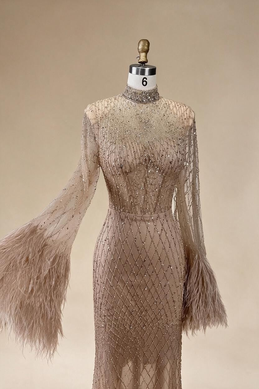 Nude High Neck Long Sleeves Feathers Mermaid Beaded Evening Dress Party Gowns for Women DLA72394 Customized | Nightbubo