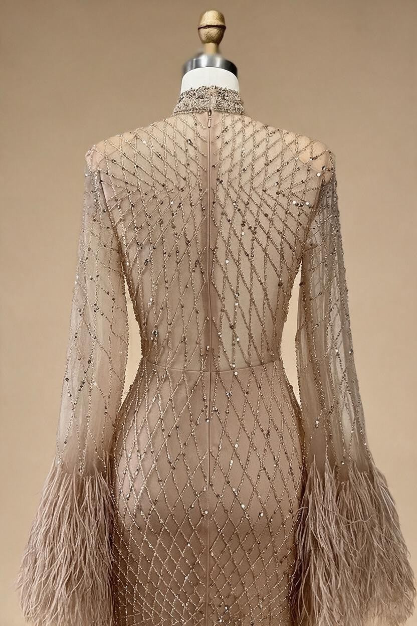 Nude High Neck Long Sleeves Feathers Mermaid Beaded Evening Dress Party Gowns for Women DLA72394 Customized | Nightbubo