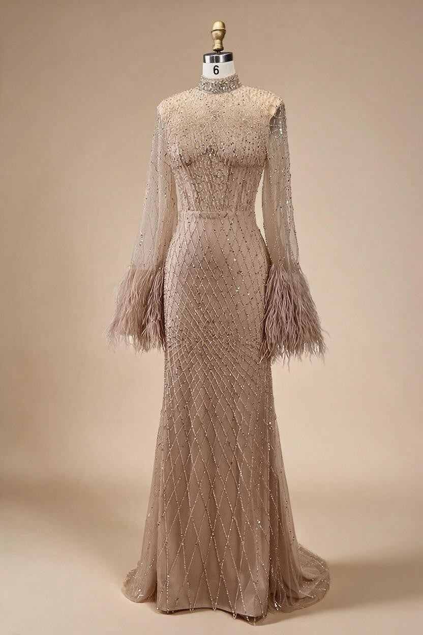 Nude High Neck Long Sleeves Feathers Mermaid Beaded Evening Dress Party Gowns for Women DLA72394 Customized | Nightbubo