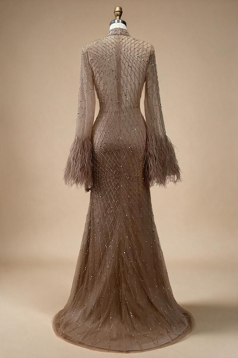 Nude High Neck Long Sleeves Feathers Mermaid Beaded Evening Dress Party Gowns for Women DLA72394 Customized | Nightbubo