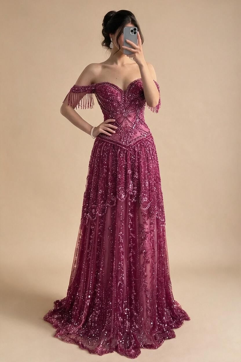 2026 Off-Shoulder Fuchsia Beaded Evening Dress Elegant Wedding Party Gown for Women DLA73594 Customized | Nightbubo