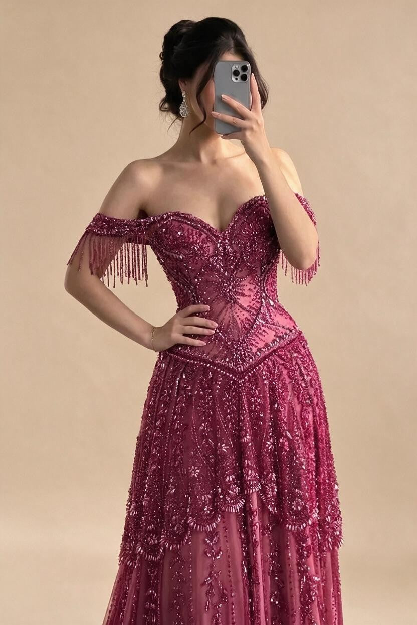 2026 Off-Shoulder Fuchsia Beaded Evening Dress Elegant Wedding Party Gown for Women DLA73594 Customized | Nightbubo