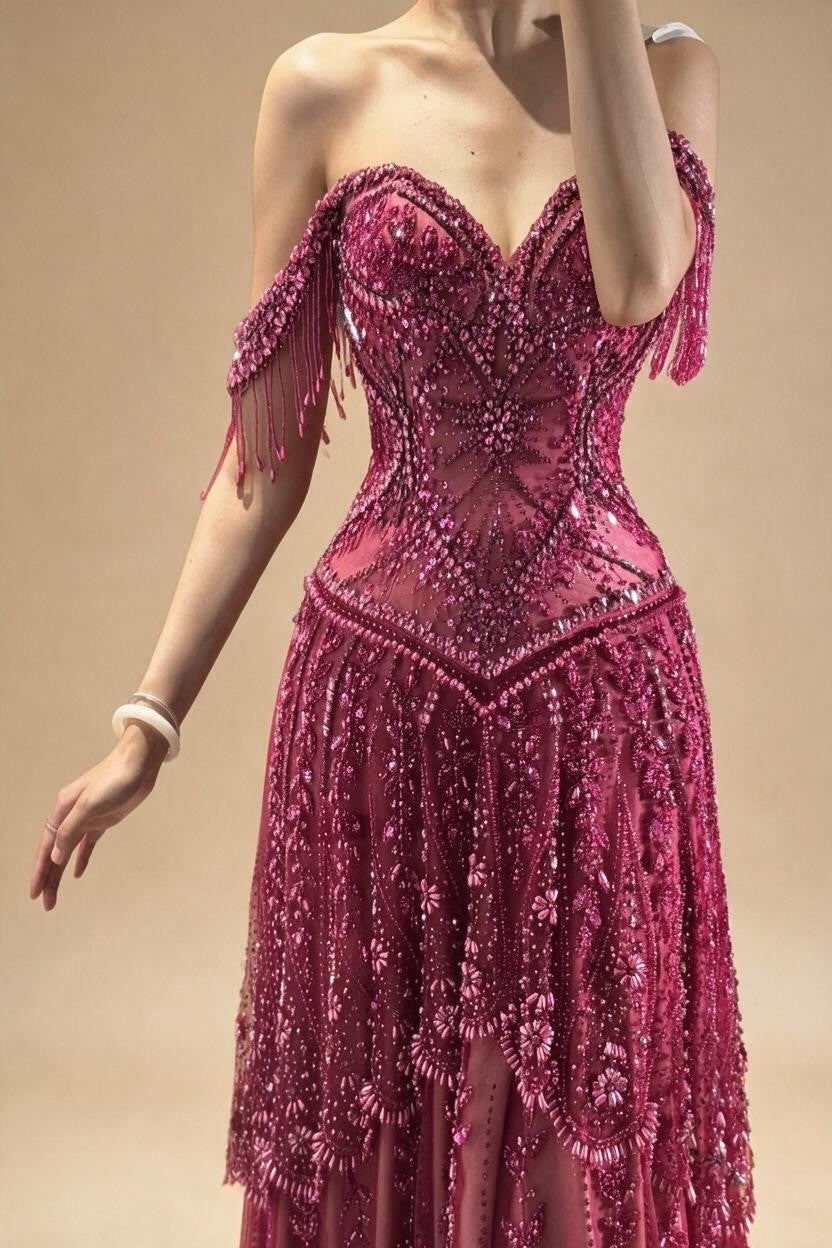 2026 Off-Shoulder Fuchsia Beaded Evening Dress Elegant Wedding Party Gown for Women DLA73594 Customized | Nightbubo