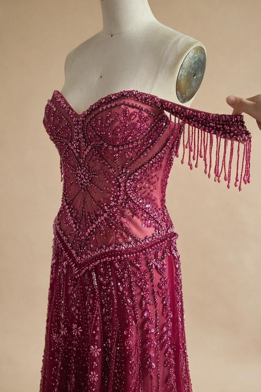 2026 Off-Shoulder Fuchsia Beaded Evening Dress Elegant Wedding Party Gown for Women DLA73594 Customized | Nightbubo
