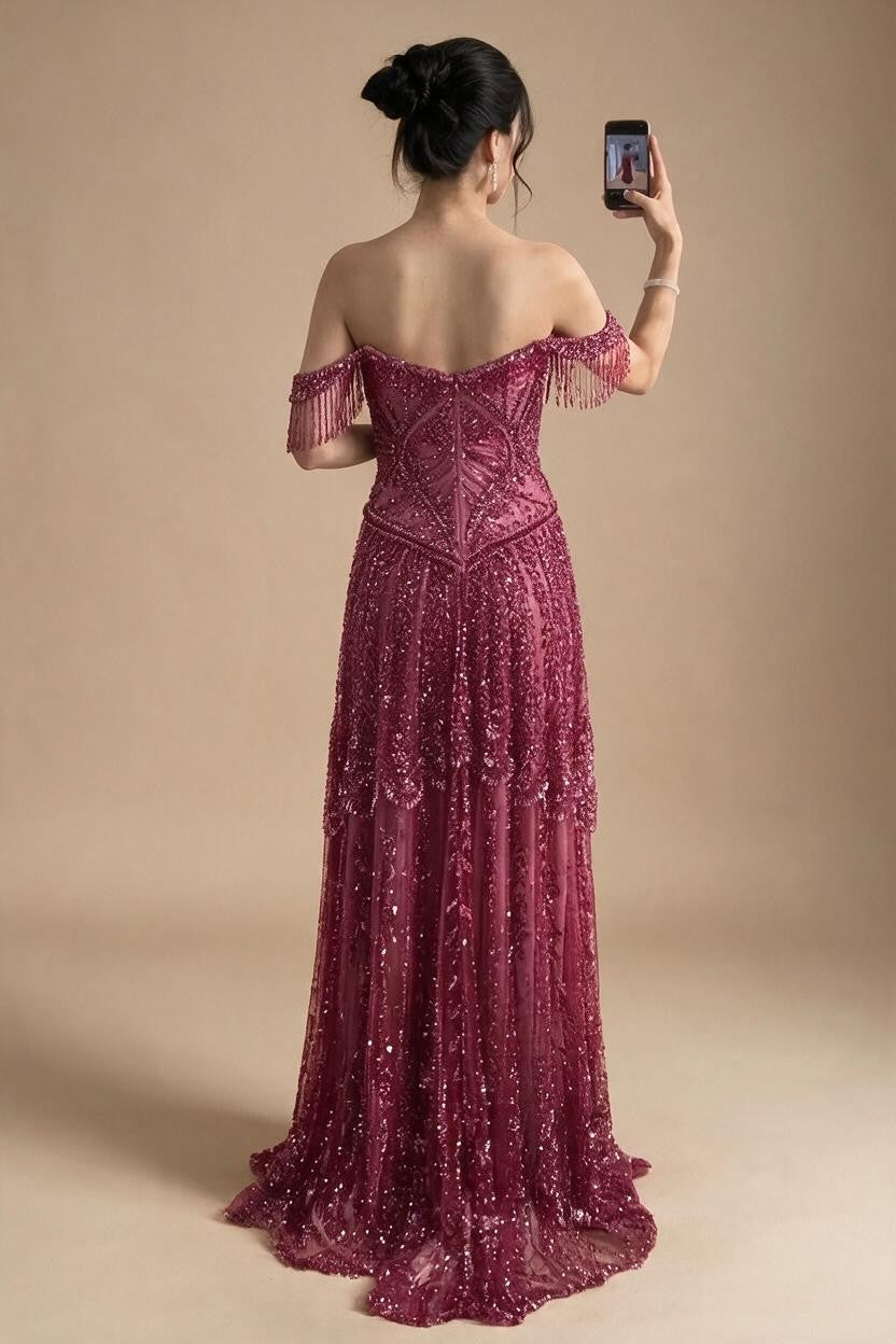 2026 Off-Shoulder Fuchsia Beaded Evening Dress Elegant Wedding Party Gown for Women DLA73594 Customized | Nightbubo