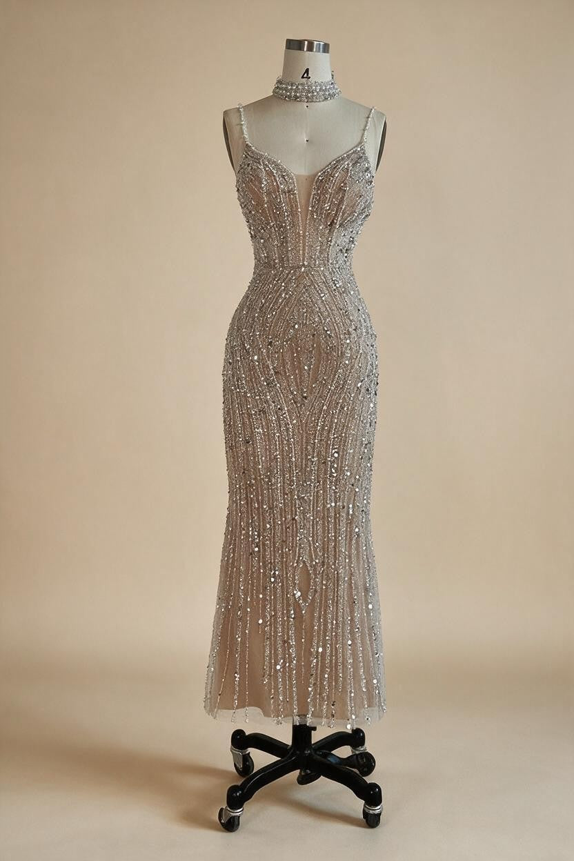 Nude Mermaid Beaded Evening Dresses Ankle Length Party Gowns for Women DLA72047D Customized | Nightbubo