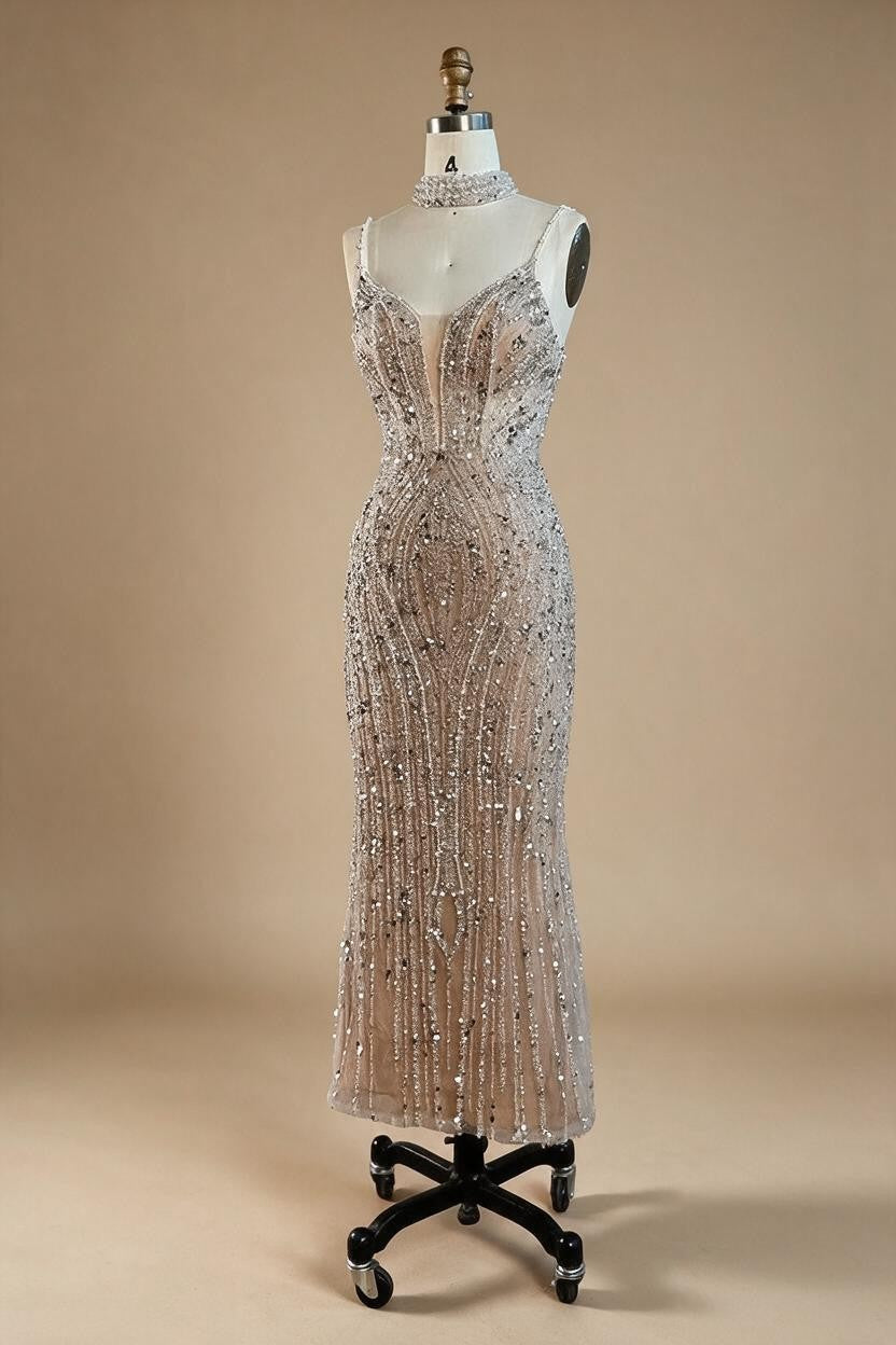 Nude Mermaid Beaded Evening Dresses Ankle Length Party Gowns for Women DLA72047D Customized | Nightbubo